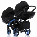 Універсальна коляска для двійні 2 в 1 Junama Diamond Individual Duo Slim 02, чорний на синій рамі (JD-IN-DUOs-02) - Pampik