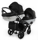 Універсальна коляска для двійні 2 в 1 Junama Mirror Satin Duo Slim 01, чорний з сріблястим (J-MS-DUOs-01) - Pampik