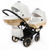 Універсальна коляска для двійні 2 в 1 Junama Mirror Satin Duo Slim 06, білий з золотим (J-MS-DUOs-01) - Pampik