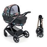 Универсальная коляска 2 в 1 Cam Techno Milano, рама золото, черный с цветочным принтом (805T/V93/978/551K) - Pampik