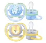 Силиконовая ортодонтическая пустышка Philips Avent Ultra Air "Animal", 0-6 мес., голубой с желтым, 2 шт. (SCF085/01) - Pampik