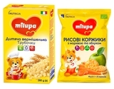 Подарок. Детская вермишель Milupa Ракушки, 12+ мес., 320 г + Рисовые коржики Milupa с морковкой и яблоком, 40 г