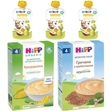 Набір дитячого харчування: Молочна каша HiPP Гречана, 250 г + Безмолочна каша HiPP Кукурудзяна, 250 г + Органічне фруктове пюре HIPP HiPPiS Pouch Яблуко-груша-банан, 100 г, 3 шт. - Pampik