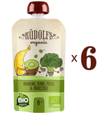Набор пюре Rudolfs Pouch Смузи Банан, киви, брокколи с зеленым горошком, 660 г (6 уп. по 110 г) - Pampik
