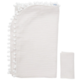 Плед Twins муслиновый, 4-х слойный, с помпонами + салфетка, 100х80 см, светло-серый (1622-PMP-101) - Pampik